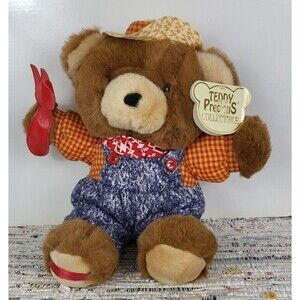 New-VTG-18" Dan Dee Farmer Brown Bear, Teddy Precious, Blue-Red Overall